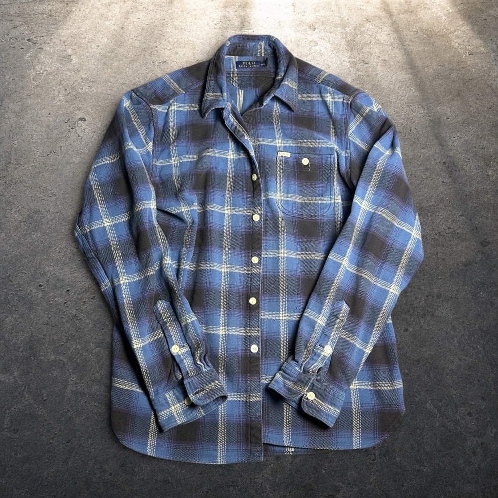 Polo Ralph Lauren Blue Plaid Flannel Button Down Shirt Vintage Skater Size Large